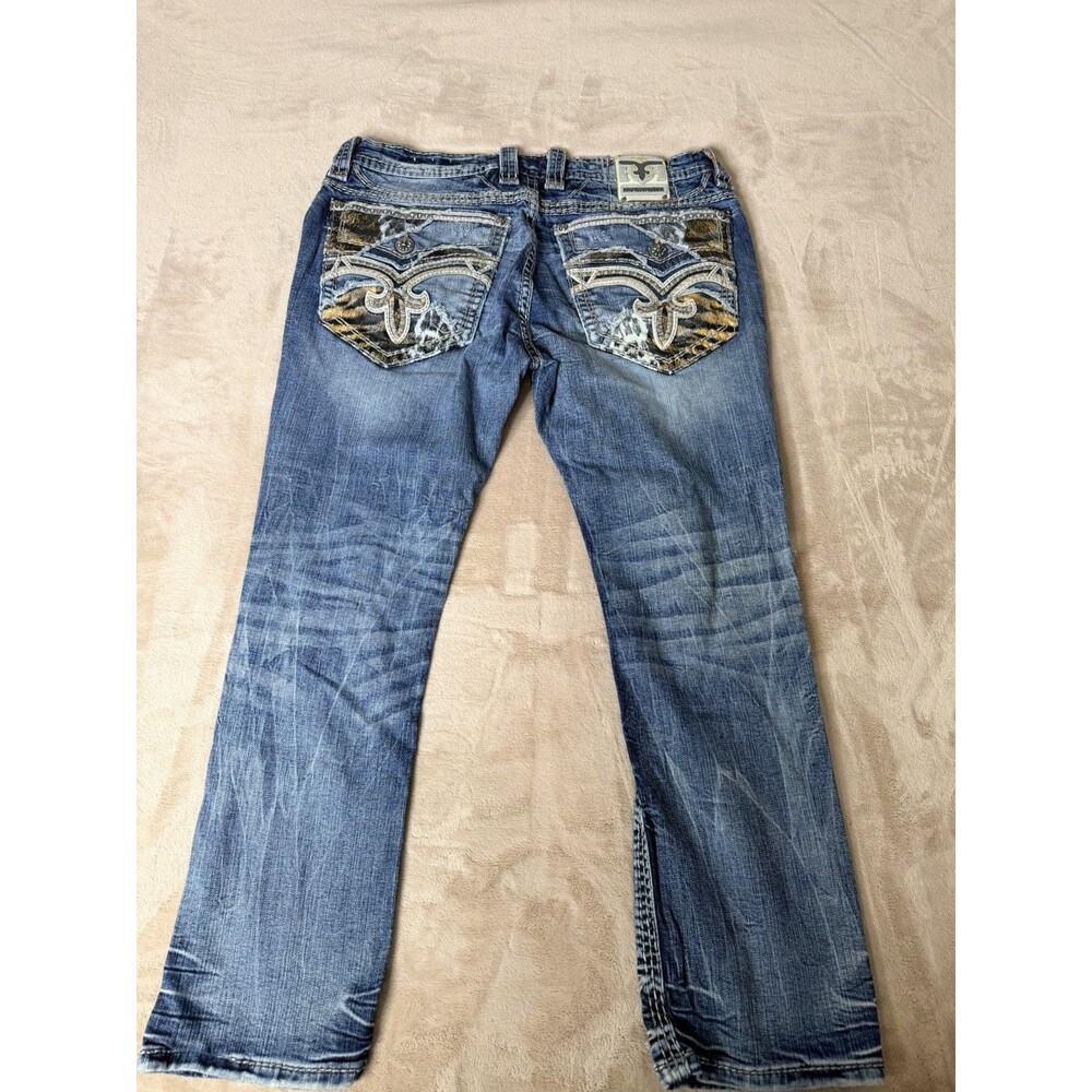 Rock Revival Jevan Slim Straight Jeans Blue Denim Distressed 5-Pocket Size 38x30